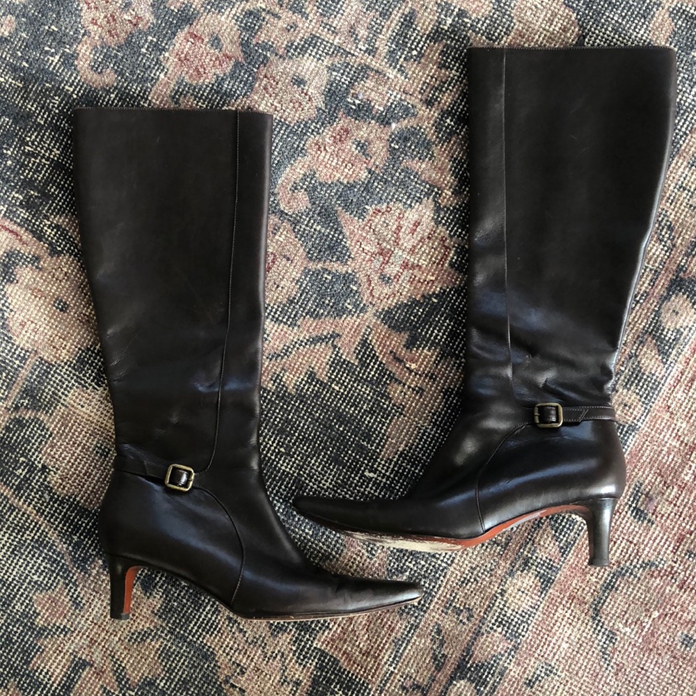 Ralph Lauren Brown Leather Pointed Toe Kitten Heel High Boots Size 7